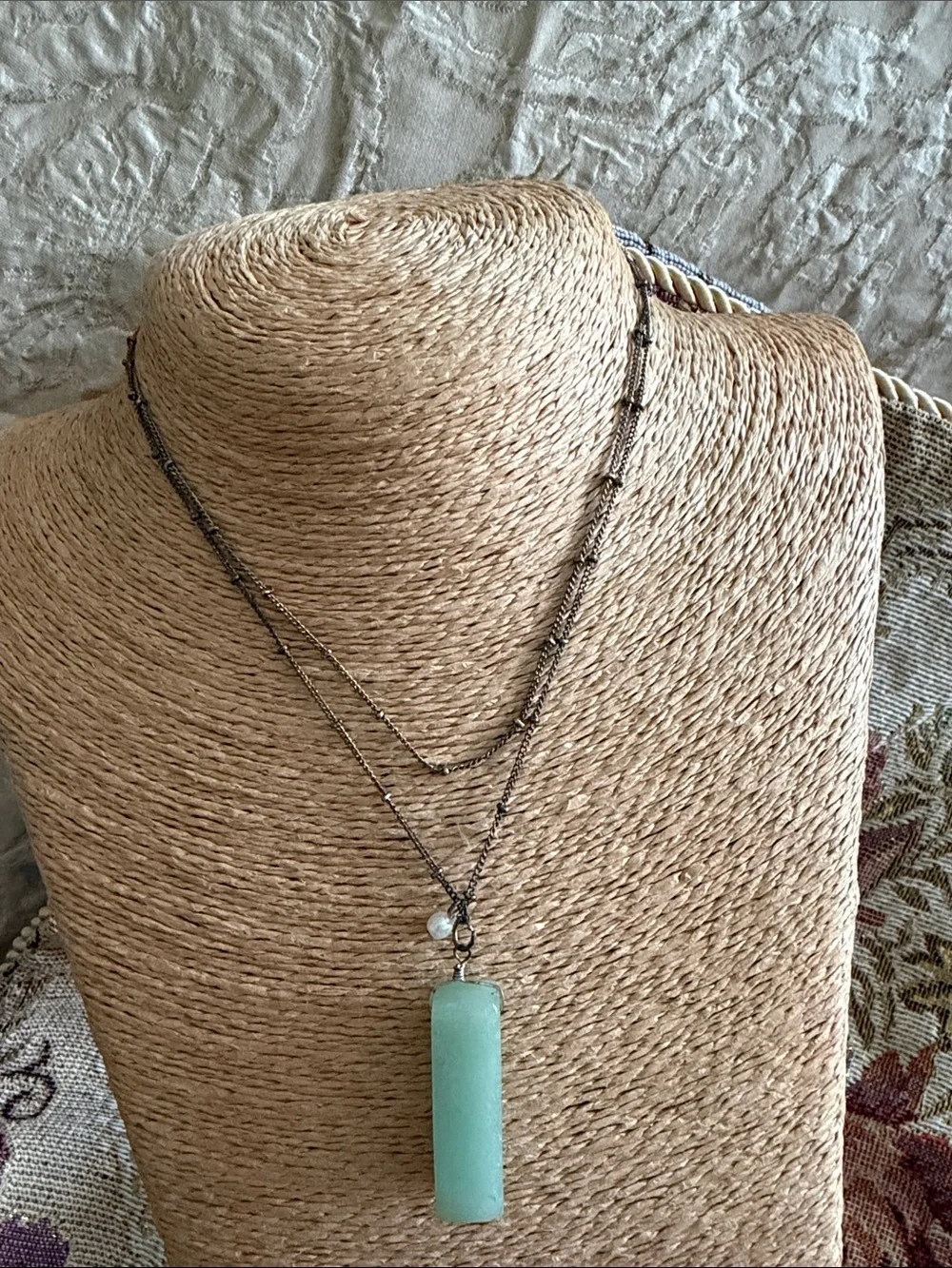Long sterling silver darkened chain with tiny silver balls green semi precious